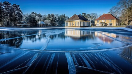 Frozen Pond Reflects Serene Winter Buildings