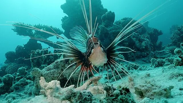 A red lionfish (Pterois volitans) seen from the front, spreading its venomous fin rays in a defensive posture on the reef. Check my portfolio for more lionfish footage.