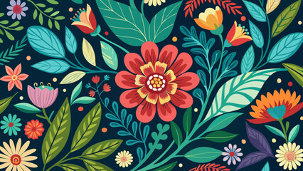 Colorful Folk Art Floral Pattern with Decorative Bloom and Leaves