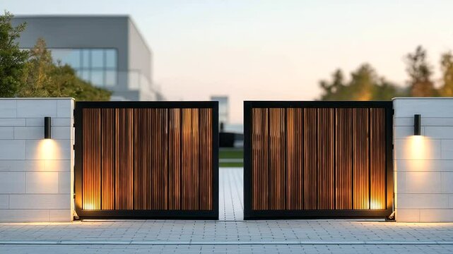 A sleek electric sliding gate set against a stone wall, illuminated by gentle lighting.