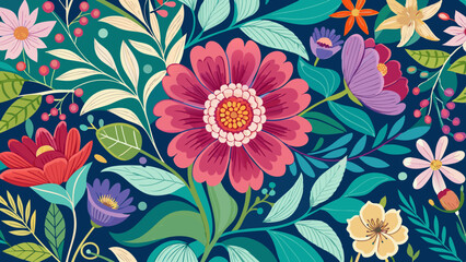 Colorful Folk Art Floral Pattern with Decorative Bloom and Leaves