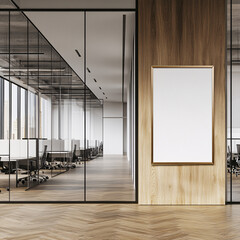 Stylish Modern Office Interior featuring a Blank Poster Frame Sleek Glass Partitions