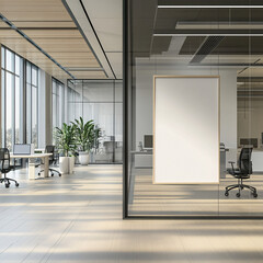 Modern Office Interior with Blank Poster and Sunlight