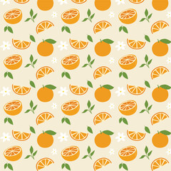 Seamless fruit pattern background with fresh orange, lemon,  vector illustration