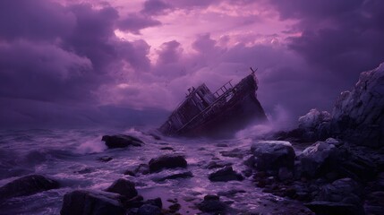 Shipwreck beach storm at night purple aesthetic dark ocean waves landscape art