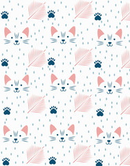 Cute kitten faces with paw prints and leaves