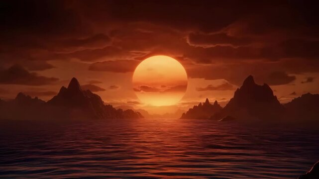 A dramatic sunset over a rocky coastline, with a large orange sun and dark clouds.