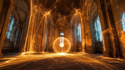 Fiery Light Trails Illuminate a Ruined Church Interior