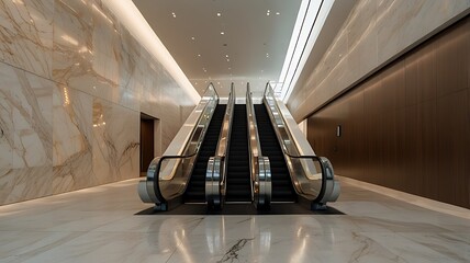 Modern escalators in luxurious marble and wood lobby