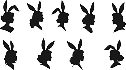 Create a kinds of deferent A set of vintage retro pin up style woman wearing Easter bunny ears. line vector art with white background.