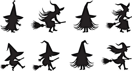 Create a kinds of deferent set of vintage retro pin up style Halloween witch. line vector art with white background.