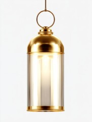 Fototapeta premium Elegant hanging lamp with a gold finish. This lamp features a classic design and a clear glass shade. Perfect for home decor and ambient lighting. Enhance your space with style. AI