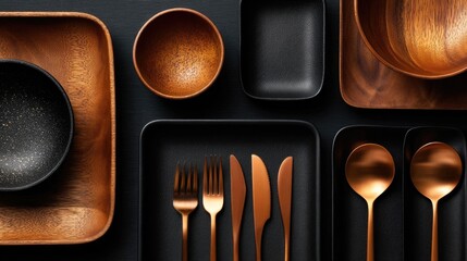 Copper cutlery and wooden tableware arranged on a dark background.