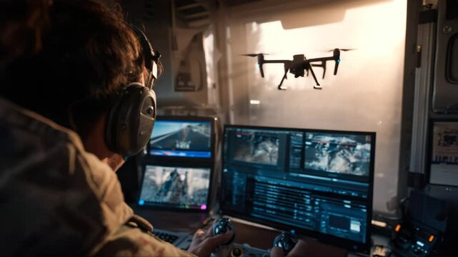 Military agent working in control room, using software on tablet, analyzing aerial reconnaissance data. Close up of intelligence corps expert controlling drones with portable device, camera A