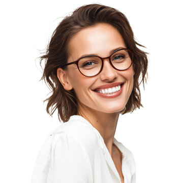 Smiling Woman in Glasses - Portrait , white background cut out PNG