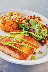 pan roasted salmon topped with wasabi served with sweet potato hash and a side salad