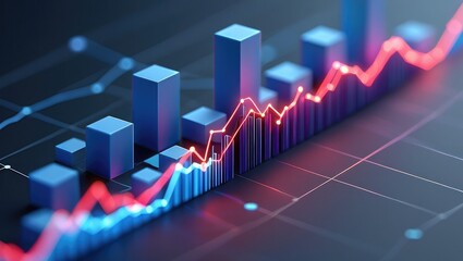 3 D Blue Bar Graph with Red and Blue Trend Lines Data Visualization