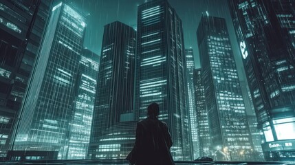 A lone figure contemplates a rain-swept futuristic cityscape at night.