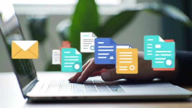 Fingers type on a laptop with floating file icons against blurred background