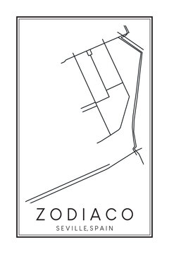 Hand drawn printable downtown road map poster of district ZODIACO of the Spanish city of SEVILLE on solid white background with city name