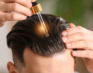 Man's head, hair oil application