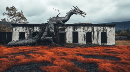 Dragon perched atop a crumbling building amidst fiery grasses.