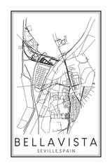 Hand drawn printable downtown road map poster of district BELLAVISTA of the Spanish city of SEVILLE on solid white background with city name