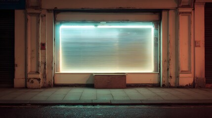 Closed store front shop window neon light night urban scene city street view