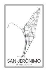 Hand drawn printable downtown road map poster of district SAN JERÓNIMO of the Spanish city of SEVILLE on solid white background with city name