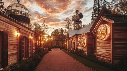 Sunset Pathway Illuminates Wooden Buildings with Celestial Windows