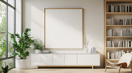 Modern minimalist living room interior design with blank canvas bookcase and plants