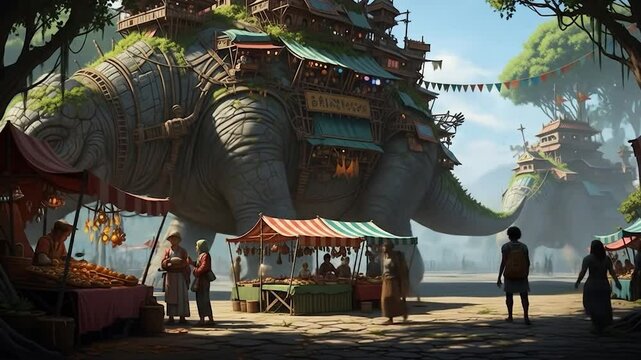 Enormous Turtle-Back Market City in a Fantasy World