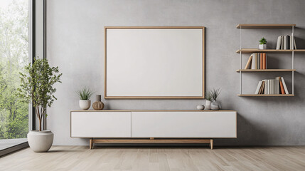 Modern living room interior with blank canvas wooden shelf and cabinet