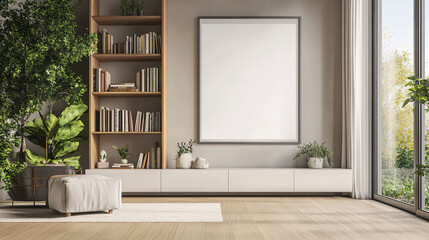 Modern Living Room Interior Design with Large Blank Canvas Plants Bookshelf