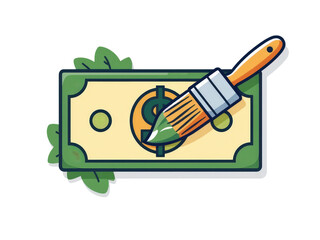 Obraz premium a simple flat 2d icon of 'greenwashing', with a simple dollar bill icon that is being painted green with a paintbrush, minimalist design, solid green and beige colors, clean sharp lines, no shadows