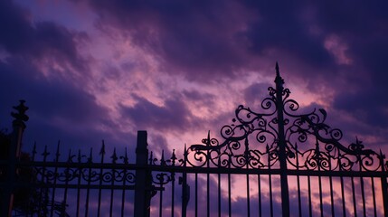 Dramatic purple sunset sky behind ornate wrought iron gate landscape scenery view