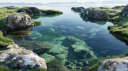 Serene mountain lake reflecting clear water and rocks