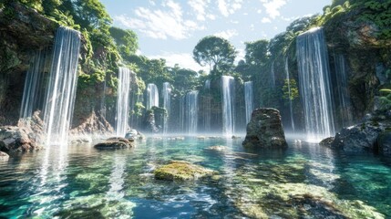 Serene Waterfall Oasis in Lush Green Tropical Paradise