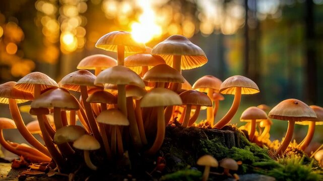 Cluster of brown mushrooms growing on a mossy tree stump in a forest, illuminated by warm golden sunlight filtering through the trees