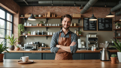 Modern Barista Behind Wooden Counter - Café Owner with Digital Menu and Branded Decor for Consistent Brand Experience Across Platforms