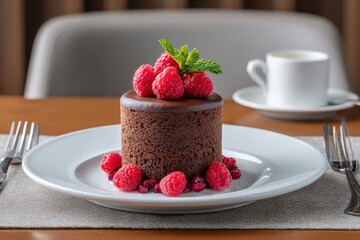 Chocolate cake topped with raspberries garnished with mint sits on a white plate with forks and a cup