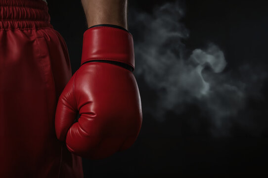 Red Boxing Glove Close-Up – Professional Leather Equipment Against Dark Smoky Background for World Boxing Day Promotions, Combat Sports Marketing, and Fighter Portraits