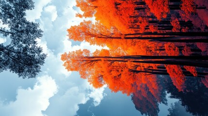 Autumnal trees reflected in a surreal sky