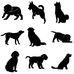 black silhouette icon set of dog animals. animal symbols