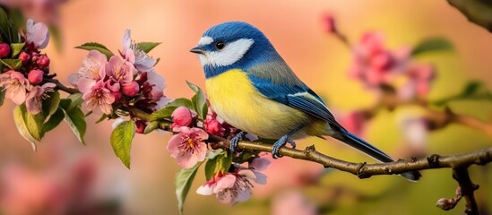 Obraz premium Colorful bird perched on a branch amidst blooming spring blossoms
