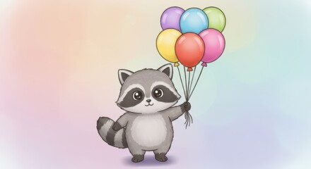 Obraz premium Cute Cartoon Raccoon Holding Colorful Balloons on a Soft Pastel Gradient Background