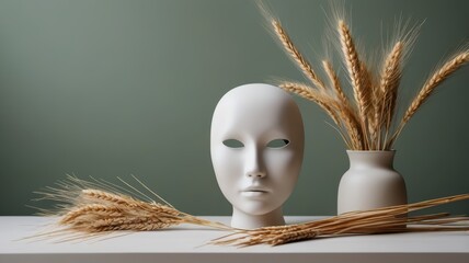 A white mask and dried wheat stalks on a white surface.
