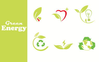 Set of clean eco-friendly green illustration icons depicting green energy, zero waste and sustainability themes on a white background