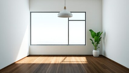 Minimalist Room Dark Wood Floor White Walls Large Window Plant
