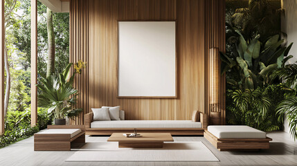 Serene Minimalist Living Room with Blank Canvas and Tropical View